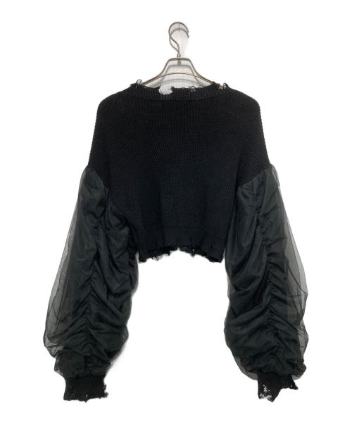 JOSE MOON（ジョゼムーン）JOSE MOON (ジョゼムーン) TULLE SLEEVE KNIT CARDIGAN チュールスリーブニットカーディガン ブラック サイズ:Fの古着・服飾アイテム
