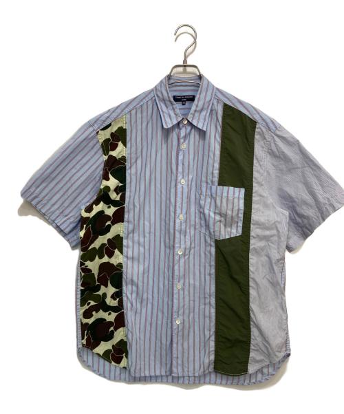 COMME des GARCONS HOMME（コムデギャルソン オム）COMME des GARCONS HOMME (コムデギャルソン オム) 綿ストライプ×多素材MIX S/S シャツ ブルー×オリーブ サイズ:XSの古着・服飾アイテム