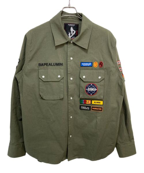 A BATHING APE（ア ベイシング エイプ）A BATHING APE (ア ベイシング エイプ) BAPE BY KAZUKI KURAISHI MUTI PATCH MILITARY LS SHIRT オリーブ サイズ:Ｍの古着・服飾アイテム