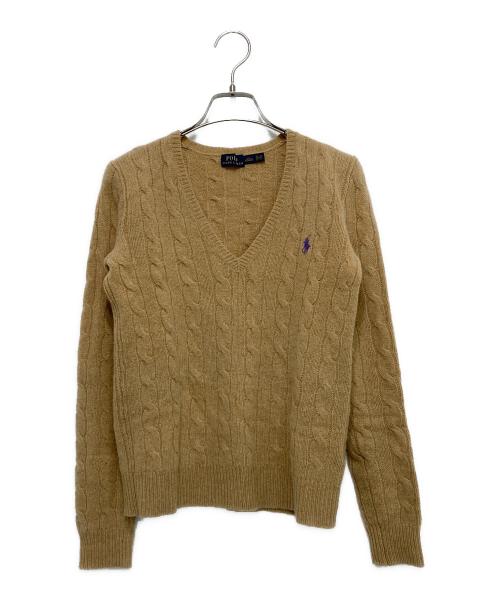 POLO RALPH LAUREN（ポロ・ラルフローレン）POLO RALPH LAUREN (ポロ・ラルフローレン) ポニー刺繍 カシミヤ混ケーブルVネックニット ベージュ サイズ:155/80Aの古着・服飾アイテム