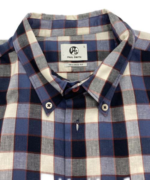 PS Paul Smith（ＰＳポールスミス）PS Paul Smith (ＰＳポールスミス) リネン混チェックシャツ ネイビー×ホワイト サイズ:Lの古着・服飾アイテム