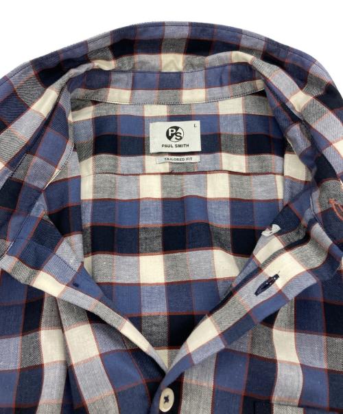 PS Paul Smith（ＰＳポールスミス）PS Paul Smith (ＰＳポールスミス) リネン混チェックシャツ ネイビー×ホワイト サイズ:Lの古着・服飾アイテム