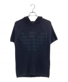 EMPORIO ARMANI（エンポリオ アルマーニ）の古着「コットン フロントロゴ半袖ニットパーカー」｜ネイビー