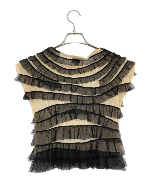 Jean Paul Gaultier FEMME（ジャンポールゴルチエ フェム）Jean Paul Gaultier FEMME (ジャンポールゴルチエ フェム) アーカイブ メッシュフリル ノースリーブカットソー ベージュ×ブラック サイズ:40の古着・服飾アイテム