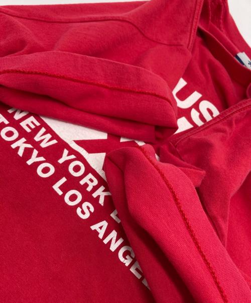 stussy（ステューシー）stussy (ステューシー) 銀タグ LIVIN' ロゴグラフィックプリントTシャツ レッド サイズ:MEDIUMの古着・服飾アイテム
