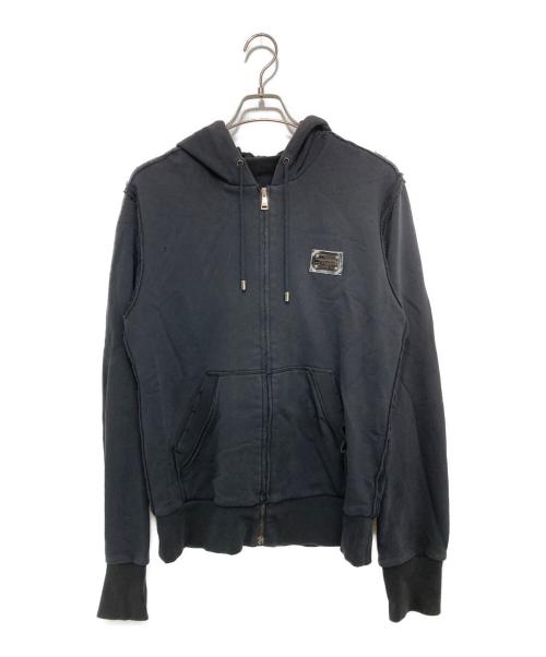 DOLCE & GABBANA（ドルチェ＆ガッバーナ）DOLCE & GABBANA (ドルチェ＆ガッバーナ) ロゴプレートダメージジップパーカー ブラック サイズ:48の古着・服飾アイテム