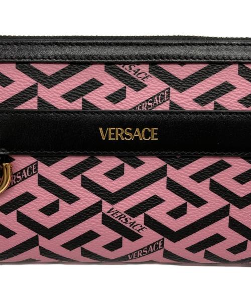 VERSACE（ヴェルサーチェ）VERSACE (ヴェルサーチェ) ラ・グレカ シグネチャー 長財布 ピンク×ブラックの古着・服飾アイテム