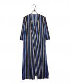 PLEATS PLEASEプリーツプリーズ）の古着「プリーツストライプロングカーディガン」｜グレー×ブルー