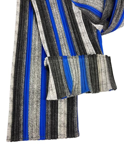 PLEATS PLEASE（プリーツプリーズ）PLEATS PLEASE (プリーツプリーズ) プリーツストライプロングカーディガン グレー×ブルー サイズ:2の古着・服飾アイテム