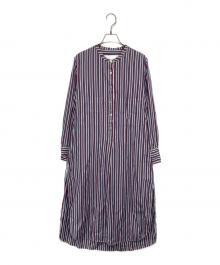 ticca（ティッカ）の古着「ストライプノーカラーシャツワンピース」｜パープル×ブルー×ホワイト