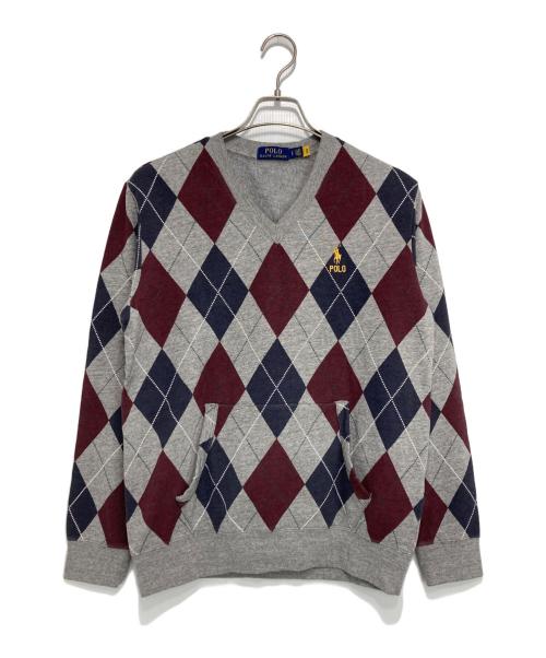 POLO RALPH LAUREN（ポロ・ラルフローレン）POLO RALPH LAUREN (ポロ・ラルフローレン) ポニー刺繍 アーガイルVネックスウェット グレー×ネイビー×ボルドー サイズ:Sの古着・服飾アイテム