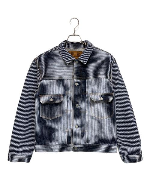 児島ジーンズ（コジマジーンズ）児島ジーンズ (コジマジーンズ) 21oz  ヒッコリー デニム ジャケット インディゴ×ホワイト サイズ:Lの古着・服飾アイテム