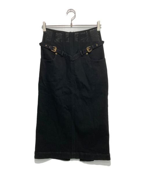 VERSACE JEANS COUTURE（ヴェルサーチ ジーンズクチュール）VERSACE JEANS COUTURE (ヴェルサーチ ジーンズクチュール) メッシュ切替ダブルバックルスカート ブラック サイズ:27の古着・服飾アイテム