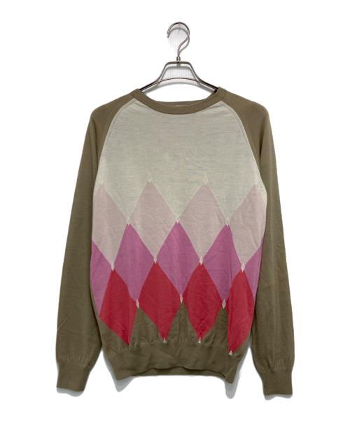 BALLANTYNE（バランタイン）BALLANTYNE (バランタイン) アーガイル カシミヤクルーネックニット ベージュ×ピンク サイズ:50の古着・服飾アイテム