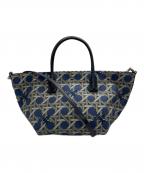 TORY BURCHトリーバーチ）の古着「CANVAS BASKETWEAVE SMALL TOTE」｜ネイビー×グレー