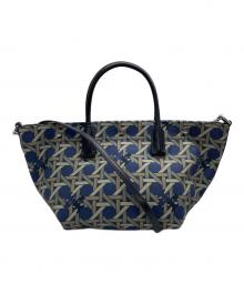 TORY BURCH（トリーバーチ）の古着「CANVAS BASKETWEAVE SMALL TOTE」｜ネイビー×グレー