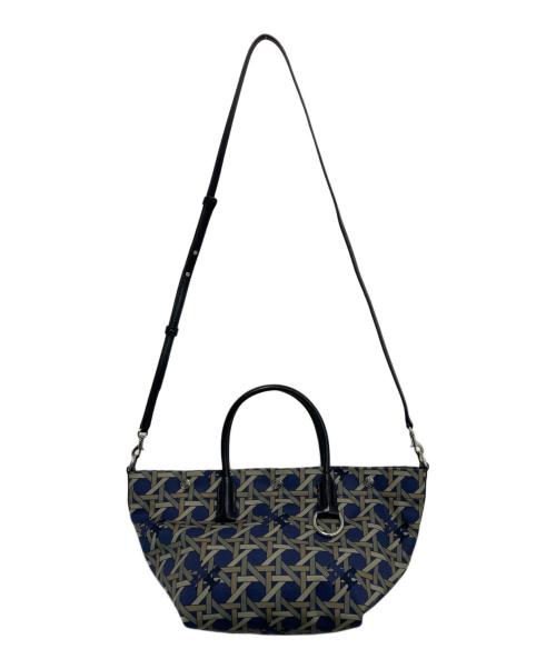 TORY BURCH（トリーバーチ）TORY BURCH (トリーバーチ) CANVAS BASKETWEAVE SMALL TOTE ネイビー×グレーの古着・服飾アイテム