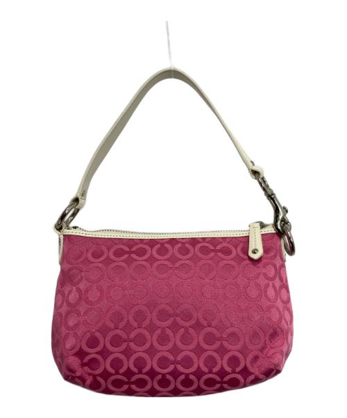 COACH（コーチ）COACH (コーチ) フラワーモチーフ シグネチャー ハンドバッグ ピンク×アイボリーの古着・服飾アイテム