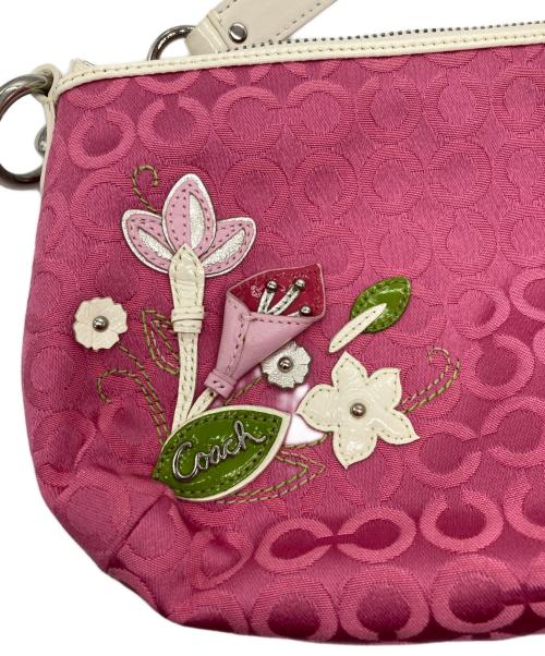 COACH（コーチ）COACH (コーチ) フラワーモチーフ シグネチャー ハンドバッグ ピンク×アイボリーの古着・服飾アイテム