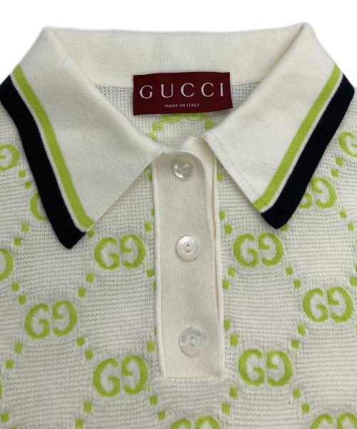 GUCCI（グッチ）GUCCI (グッチ) GG コットンニット ポロシャツ ホワイト×グリーン サイズ:XSの古着・服飾アイテム