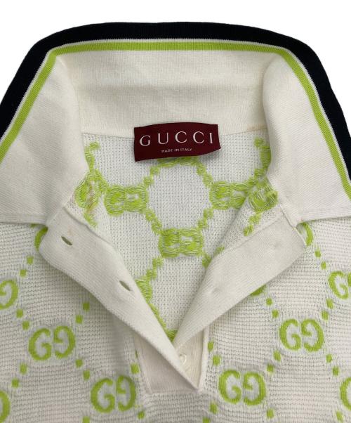 GUCCI（グッチ）GUCCI (グッチ) GG コットンニット ポロシャツ ホワイト×グリーン サイズ:XSの古着・服飾アイテム