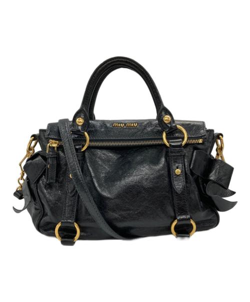 MIU MIU（ミュウミュウ）MIU MIU (ミュウミュウ) VITELLO LUX サイドリボン 2WAYバッグ ブラック×ゴールドの古着・服飾アイテム