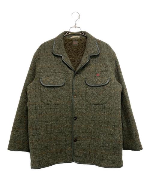 PAPAS（パパス）PAPAS (パパス) Harris Tweed (ハリスツイード) 裏ボア パイピング ツイードコート オリーブ サイズ:Lの古着・服飾アイテム