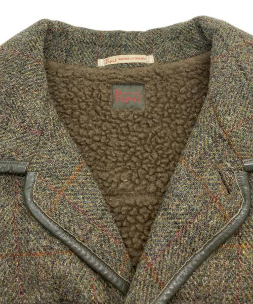 PAPAS（パパス）PAPAS (パパス) Harris Tweed (ハリスツイード) 裏ボア パイピング ツイードコート オリーブ サイズ:Lの古着・服飾アイテム
