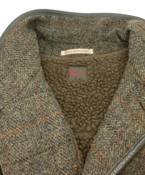 PAPAS（パパス）PAPAS (パパス) Harris Tweed (ハリスツイード) 裏ボア パイピング ツイードコート オリーブ サイズ:Lの古着・服飾アイテム