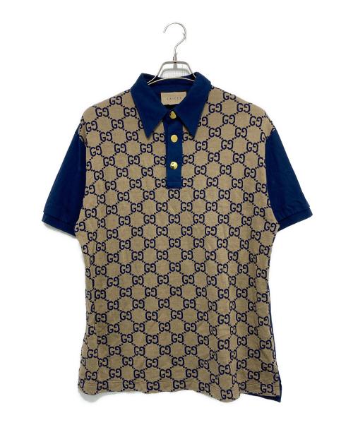 GUCCI（グッチ）GUCCI (グッチ) GG総柄 半袖ポロシャツ ベージュ×ネイビー サイズ:Lの古着・服飾アイテム