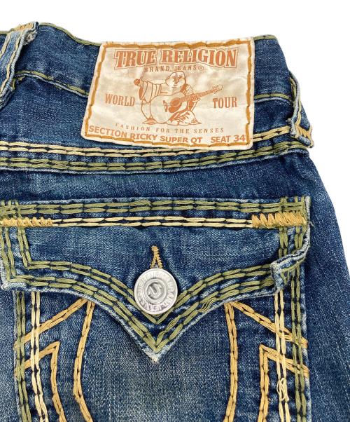 TRUE RELIGION（トゥルー レリジョン）TRUE RELIGION (トゥルー レリジョン) RICKY SUPER QT ステッチデニムパンツ インディゴ×グリーン サイズ:W28の古着・服飾アイテム
