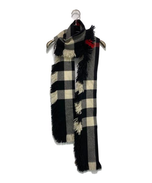 BURBERRY LONDON（バーバリーロンドン）BURBERRY LONDON (バーバリーロンドン) フリンジウールマフラー ベージュ×ブラック サイズ:230×25ｃｍの古着・服飾アイテム
