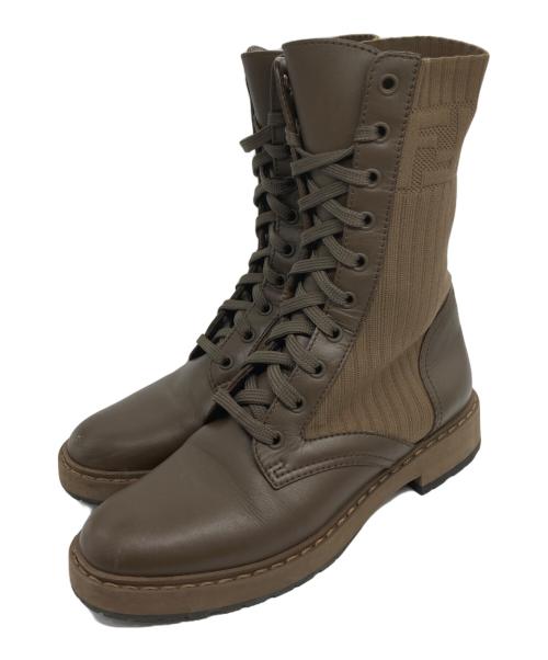 FENDI（フェンディ）FENDI (フェンディ) Leather and Fabric Combat Boots ブラウン サイズ:37の古着・服飾アイテム