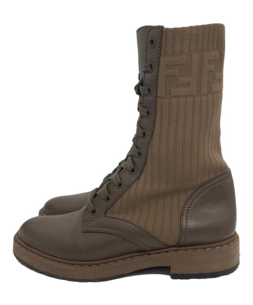 FENDI（フェンディ）FENDI (フェンディ) Leather and Fabric Combat Boots ブラウン サイズ:37の古着・服飾アイテム