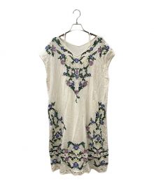 GRACE CONTINENTAL（（グレースコンチネンタル）の古着「リネン混フラワーカットワークワンピース」｜ベージュ×グリーン