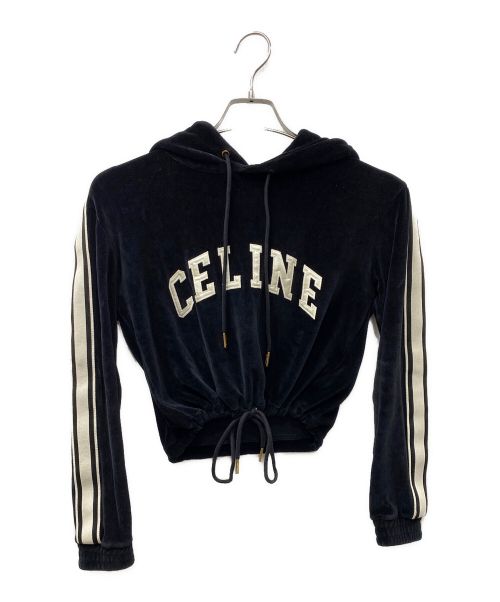CELINE（セリーヌ）CELINE (セリーヌ) ベルベット ロゴプルオーバーパーカー ブラック サイズ:XSの古着・服飾アイテム