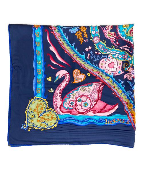 HERMES（エルメス）HERMES (エルメス) カレ90シルクスカーフ 心をこめて ネイビー×ブルー サイズ:OneSizeの古着・服飾アイテム