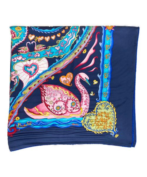 HERMES（エルメス）HERMES (エルメス) カレ90シルクスカーフ 心をこめて ネイビー×ブルー サイズ:OneSizeの古着・服飾アイテム