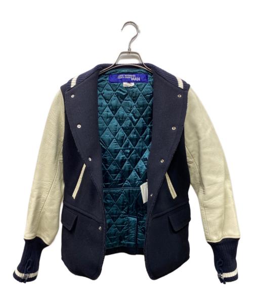 JUNYA WATANABE COMME des GARCONS（(ジュンヤワタナベ コムデギャルソン）JUNYA WATANABE COMME des GARCONS ((ジュンヤワタナベ コムデギャルソン) 断ち切りレザースタジャン ネイビー×ホワイト サイズ:SSの古着・服飾アイテム