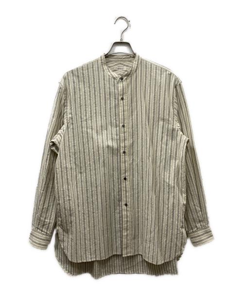 calmlence（カームレンス）calmlence (カームレンス) バンドカラーストライプシャツ ベージュ×ネイビー サイズ:2の古着・服飾アイテム