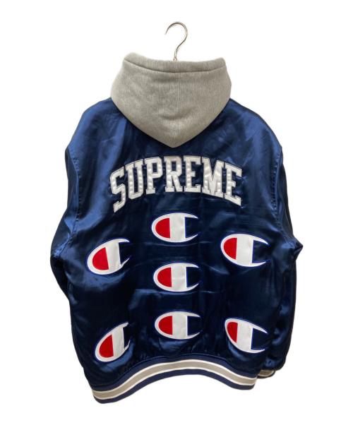 SUPREME（シュプリーム）Supreme (シュプリーム) Champion (チャンピオン) 18AW Hooded Satin Varsity Jacket スタジャン ネイビー サイズ:Lの古着・服飾アイテム