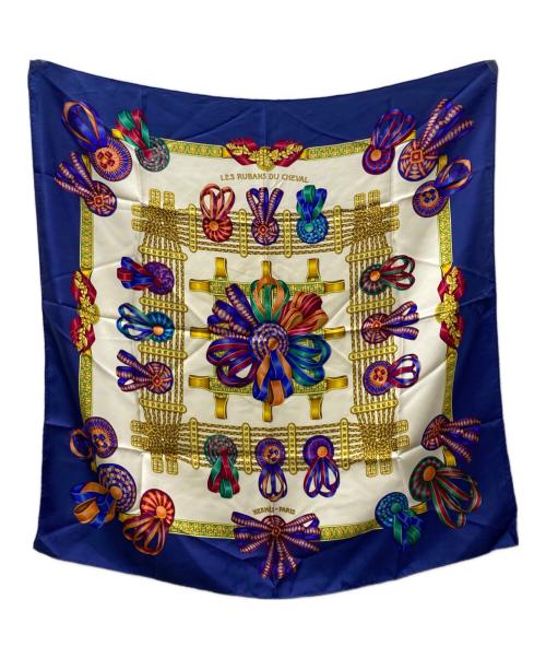 HERMES（エルメス）HERMES (エルメス) カレ90 シルクスカーフ LES RUBANS DU CHEVAL 馬のリボン ブルー サイズ:OneSizeの古着・服飾アイテム