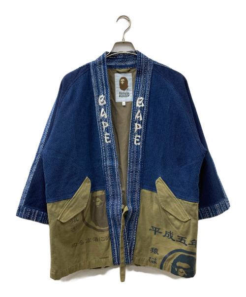 A BATHING APE（ア ベイシング エイプ）A BATHING APE (ア ベイシング エイプ) MILITARY KIMONO JACKET ユーズド加工着物ジャケット ネイビー×グリーン サイズ:Mの古着・服飾アイテム
