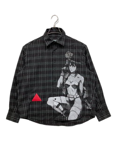 WHOOSIS（フーシス）WHOOSIS (フーシス) GHOST IN THE SHELL (ゴーストインザシェル) プリントチェックシャツ グレー サイズ:Mの古着・服飾アイテム