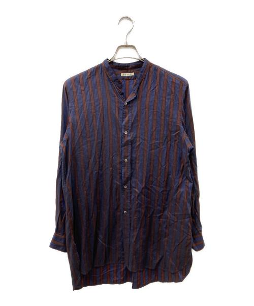 HEUGN（ユーゲン）HEUGN (ユーゲン) バンドカラーストライプシャツ ブラウン×ネイビー サイズ:2の古着・服飾アイテム