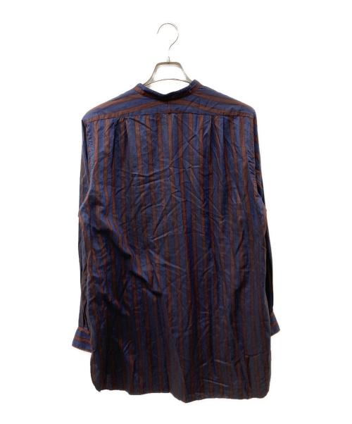 HEUGN（ユーゲン）HEUGN (ユーゲン) バンドカラーストライプシャツ ブラウン×ネイビー サイズ:2の古着・服飾アイテム