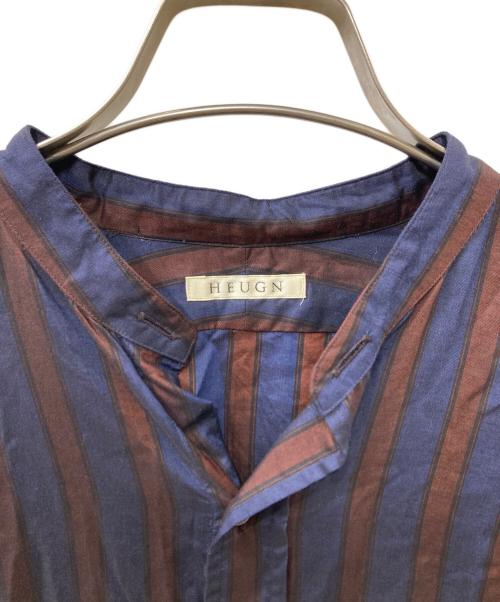 HEUGN（ユーゲン）HEUGN (ユーゲン) バンドカラーストライプシャツ ブラウン×ネイビー サイズ:2の古着・服飾アイテム