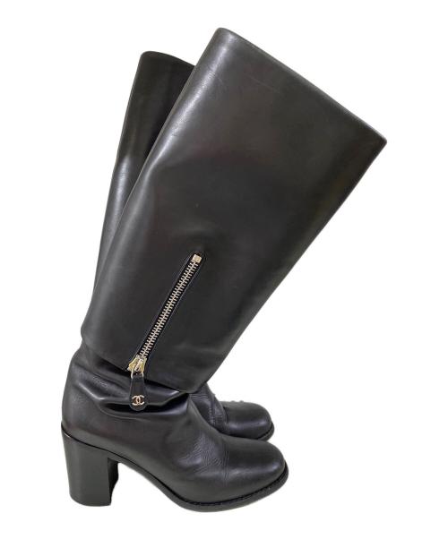CHANEL（シャネル）CHANEL (シャネル) ココマーク チャンキーヒールレザーロングブーツ ブラック サイズ:39Cの古着・服飾アイテム