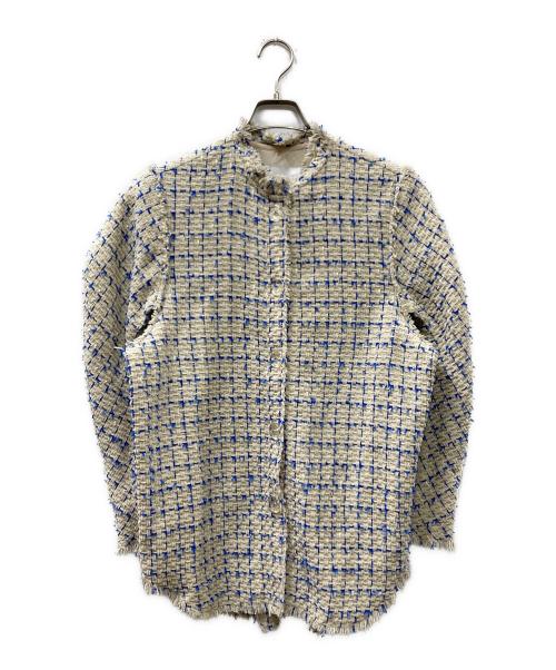IRENE（アイレネ）IRENE (アイレネ) Mole Fur Tweed Shirt Jacket ホワイト×ブルー サイズ:38の古着・服飾アイテム