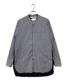 WHITE MOUNTAINEERING（ホワイトマウンテ二アニング）の古着「TRIPE STAND COLLAR LONG SHIRT ストライプシャツ」｜ブルー